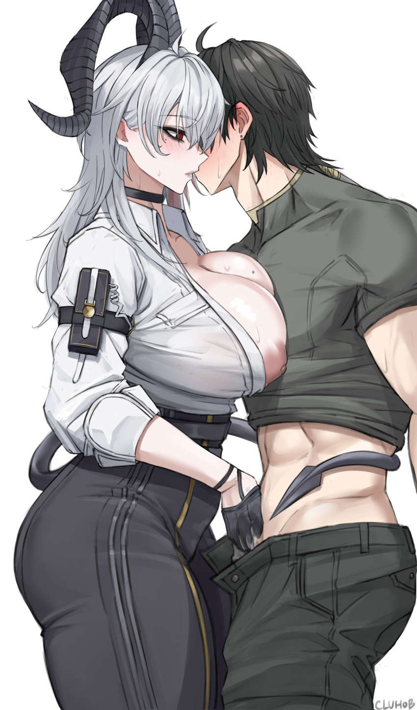 1boy 1girl absurdres arm_pouch black_choker black_hair black_horns black_pants black_pouch black_tail blush breasts choker closed_mouth cluhob collared_shirt commentary curled_horns demon_tail from_side grey_hair grey_shirt hand_on_another&#039;s_crotch high-waist_pants highres horns large_breasts long_hair male_rover_(wuthering_waves) mole mole_on_breast nipples open_fly pants red_eyes rover_(wuthering_waves) shirt shirt_tucked_in simple_background sweat tail tail_wrap tight_clothes tight_pants toned toned_male white_background white_shirt wuthering_waves zani_(wuthering_waves)