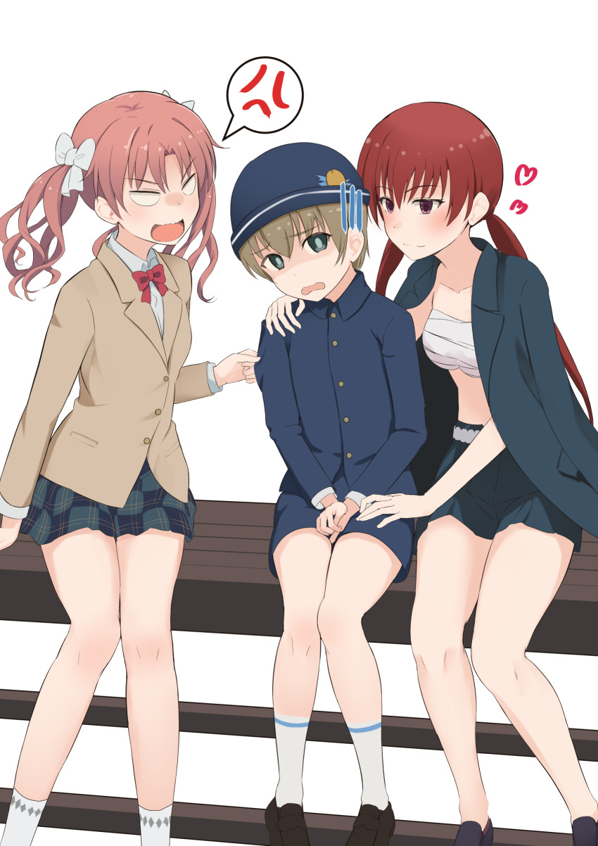 1boy 2024 20s 2girls age_difference anger_vein assertive_female black_jacket blazer blue_jacket blue_shorts bow bowtie breasts brown_eyes brown_hair brown_jacket chest_sarashi commission gakuran grey_skirt hair_bow hand_on_another&#039;s_shoulder hand_on_another&#039;s_thigh highres jacket jacket_on_shoulders k3rd kirigaoka_girls&#039;_academy_school_uniform kneehighs long_hair long_sleeves miyama_shaei multiple_girls musujime_awaki onee-shota open_clothes open_jacket pixiv_commission plaid_clothes plaid_skirt red_bow red_bowtie red_eyes red_hair sarashi scared school_uniform shirai_kuroko short_hair short_shorts shorts sitting skirt small_breasts socks spoken_anger_vein summer_uniform teenage_girl_and_younger_boy toaru_kagaku_no_railgun toaru_kagaku_no_railgun_t toaru_majutsu_no_index tokiwadai_school_uniform twintails white_background white_bow white_socks winter_uniform