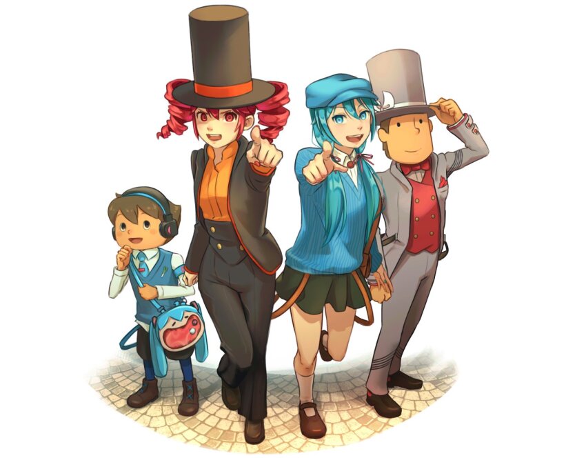 2boys 2girls alternate_costume armband bag black_eyes black_footwear black_shorts blue_armband blue_eyes blue_socks blue_sweater bow bowtie brown_hair buttons character_bag closed_mouth collared_shirt cosplay double-breasted double-parted_bangs drill_hair fingernails flat_chest formal_clothes grey_jacket grey_pants hair_between_eyes hand_on_headwear hat hat_ribbon hatsune_miku headphones hershel_layton hershel_layton_(cosplay) iriknight jacket kasane_teto long_hair long_sleeves looking_at_viewer luke_triton luke_triton_(cosplay) mary_janes mob_cap multiple_boys multiple_girls nail_polish open_clothes open_jacket open_mouth orange_ribbon orange_shirt pants pleated_skirt pointing pointing_at_viewer professor_layton red_bow red_bowtie red_hair red_jacket red_nails red_trim ribbon shirt shoes shorts shoulder_bag skirt skirt_set three-quarter_sleeves smile socks standing suit suit_jacket sweater teeth top_hat twin_drills twintails upper_teeth_only utau vocaloid white_ribbon white_socks wing_collar