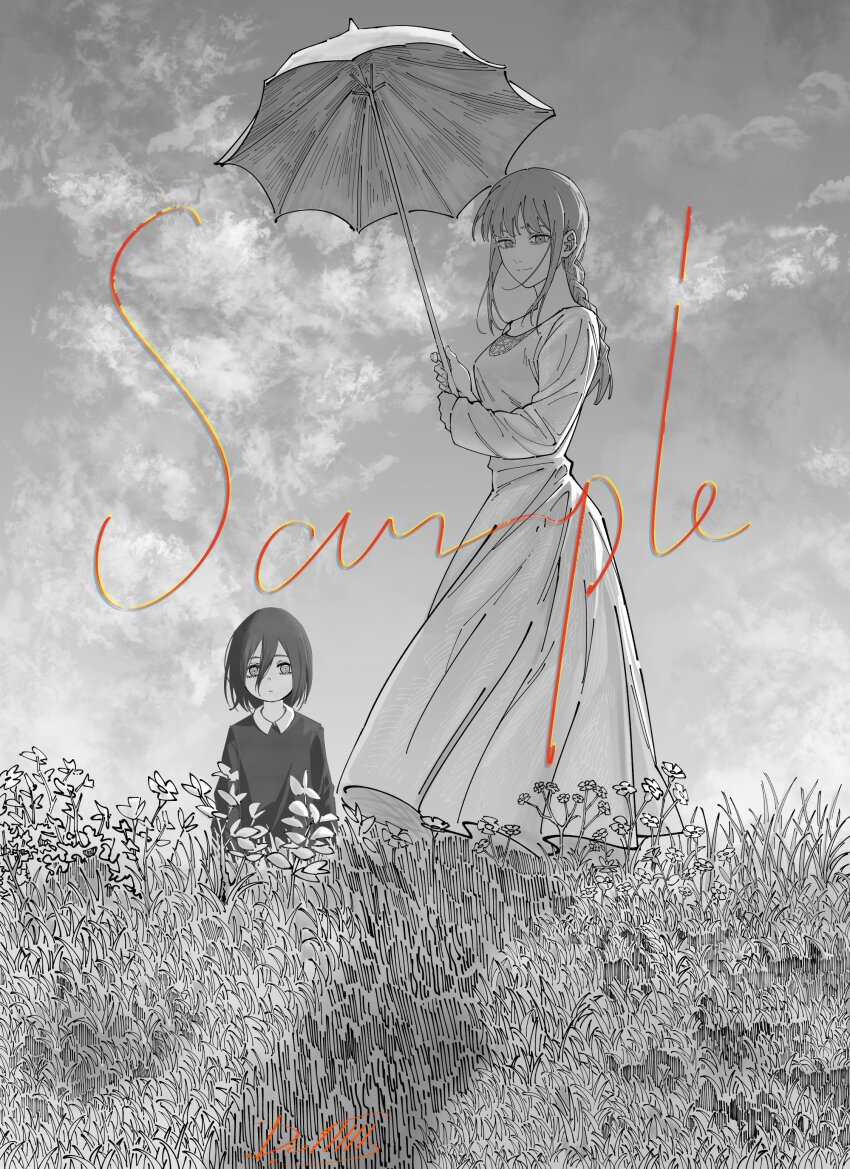 2girls absurdres braid breasts chainsaw_man child commentary dollllls2 dress fine_art_parody hair_between_eyes highres holding holding_umbrella long_dress makima_(chainsaw_man) medium_breasts multiple_girls nayuta_(chainsaw_man) parasol parody reincarnation sample_watermark sidelocks signature single_braid sky umbrella watermark woman_with_a_parasol