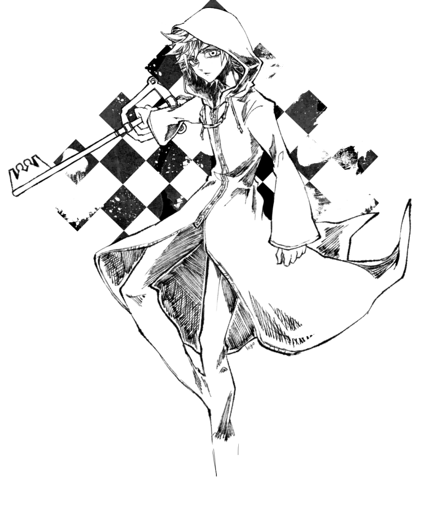 13rk 1boy commentary frown gloves greyscale highres holding holding_key holding_weapon hooded_robe key keyblade kingdom_hearts kingdom_key lineart long_sleeves male_focus monochrome pants robe roxas short_hair solo spiked_hair weapon zipper