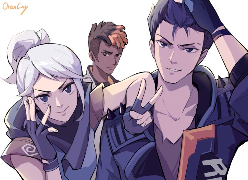 1girl 2boys animification black_hair blue_eyes blue_gloves blue_jacket brown_eyes collarbone commentary cropped_jacket dark-skinned_male dark_skin english_commentary fingerless_gloves gloves hair_slicked_back highres jacket jett_(valorant) looking_at_viewer multicolored_hair multiple_boys oran_(lovekarthus) orange_hair phoenix_(valorant) ponytail silver_hair sleeveless sleeveless_jacket smile spikes streaked_hair undercut v v-shaped_eyebrows valorant yoru_(valorant)