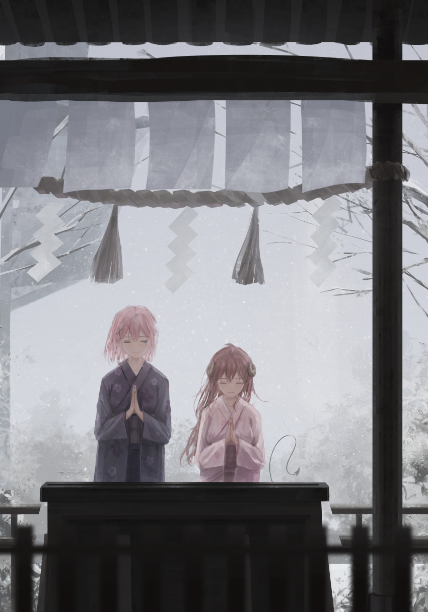 2girls absurdres blue_kimono box chiyoda_momo commentary_request donation_box floral_print floral_print_kimono from_front highres horns japanese_clothes kimono long_hair machikado_mazoku mayoo03 multiple_girls obstructed_view outdoors own_hands_together palms_together pink_hair pink_kimono praying print_kimono red_hair shide short_hair shrine snow snowing standing yoshida_yuuko_(machikado_mazoku)