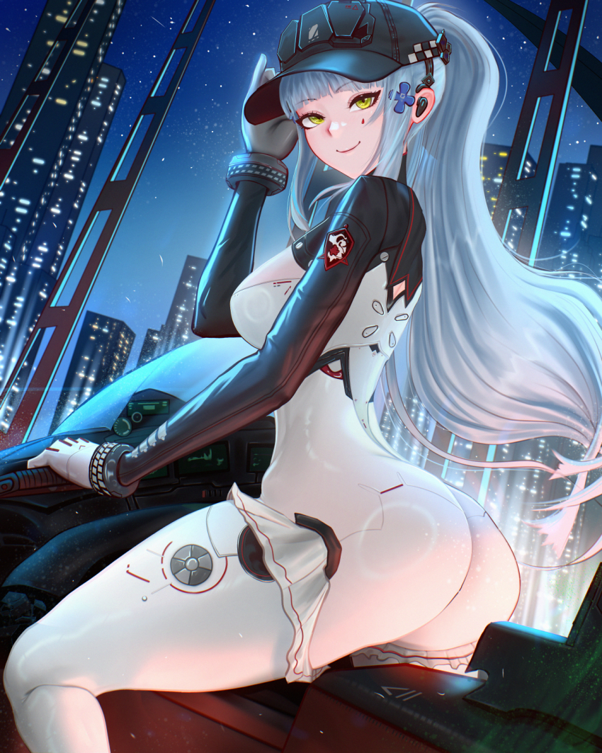 1girl ass baseball_cap bodysuit breasts city earphones frilled_bodysuit girls&#039;_frontline girls&#039;_frontline_2:_exilium green_eyes hair_ornament hat highres hk416_(girls&#039;_frontline) klukai_(girls&#039;_frontline_2) klukai_(speed_star)_(girls&#039;_frontline_2) long_hair looking_at_viewer mcdobo motor_vehicle motorcycle night on_motorcycle ponytail smile solo tattoo teardrop_facial_mark teardrop_tattoo two-tone_bodysuit white_bodysuit