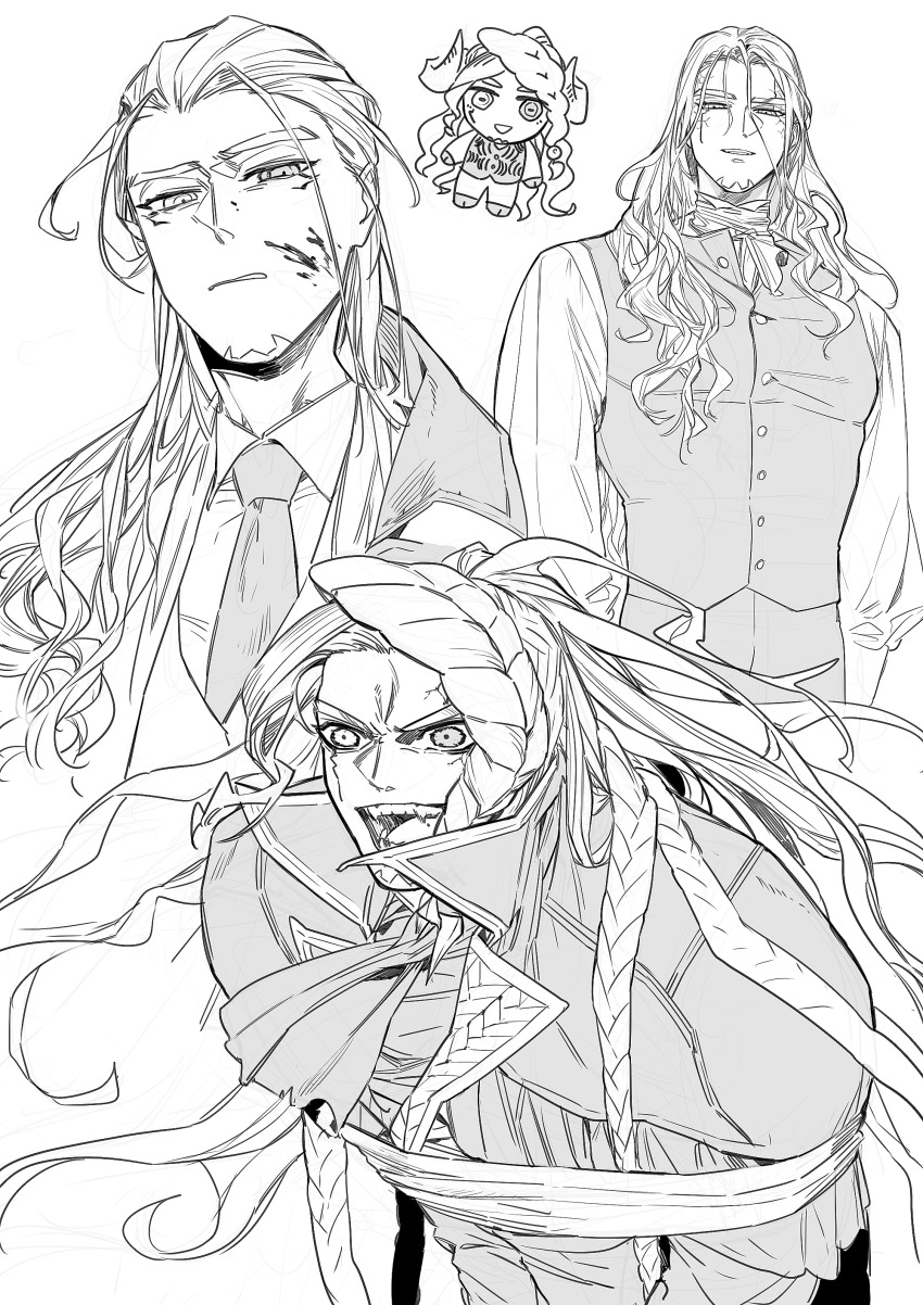 1boy absurdres alessandro_di_cagliostro_(fate) blood blood_on_face bound braid chibi chibi_inset fate/grand_order fate_(series) high_collar highres horns monochrome necktie plm233 smile solo tied_up_(nonsexual)