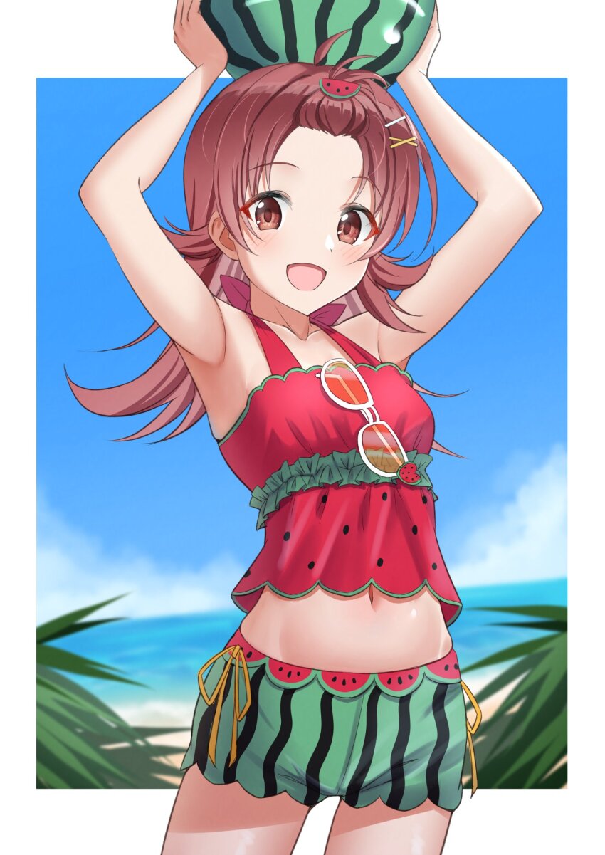 1girl ahoge arms_up beach blue_sky blurry blurry_background breasts collarbone commentary day food food-themed_hair_ornament food_print fruit fruit_print green_shorts hair_flaps hair_ornament hairclip highres holding holding_food holding_fruit holding_watermelon idolmaster idolmaster_shiny_colors komiya_kaho light_blush long_hair looking_at_viewer midriff navel ocean official_alternate_costume open_mouth osoba_susurukun outdoors pinstripe_shorts plant red_eyes red_hair red_shirt shirt shorts sky small_breasts smile solo sunglasses tank_top thighs watermelon watermelon_hair_ornament watermelon_print