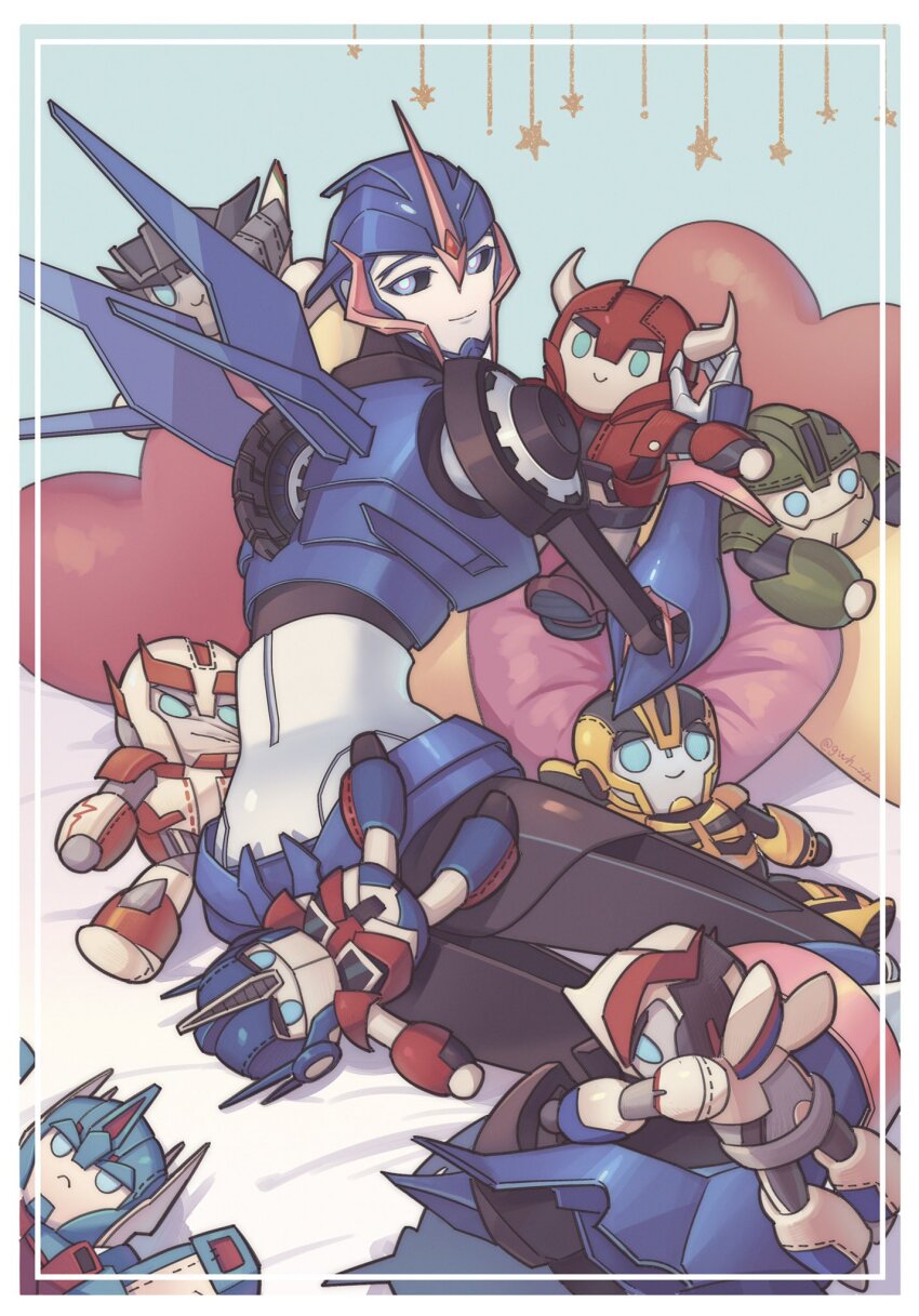1girl arcee arcee_(prime) blue_eyes bulkhead bumblebee_(transformers) cliffjumper helmet highres holding holding_stuffed_toy horns humanoid_robot jijing5658 mechanical_wings no_humans optimus_prime ratchet_(transformers) robot robot_girl science_fiction smokescreen_(transformers) stuffed_toy transformers transformers_prime ultra_magnus wheeljack wings