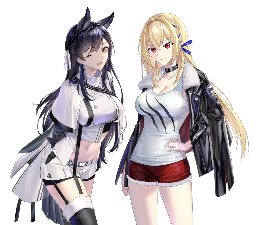 2girls ;d absurdres animal_ears arknights arms_behind_back atago_(azur_lane) azur_lane bike_shorts bike_shorts_under_shorts black_boots black_choker black_hair black_jacket blonde_hair blue_ribbon boots braid breasts brown_eyes capelet choker cleavage closed_mouth collarbone commentary commission company_connection cosplay cowboy_shot crop_top dog_ears dog_girl english_commentary extra_ears fur-trimmed_jacket fur-trimmed_shorts fur_trim garter_straps hair_between_eyes hair_ribbon hand_on_own_hip highres jacket jacket_on_shoulders kawasumi_ayako kayano_ai king_george_v_(azur_lane) large_breasts long_hair looking_at_viewer midriff mole mole_under_eye multiple_girls navel one_eye_closed open_mouth platinum_(arknights) platinum_(arknights)_(cosplay) red_eyes red_shorts ribbon ribbon_braid short_shorts shorts side_braid sidelocks siege_(arknights) siege_(arknights)_(cosplay) simple_background single_braid single_thigh_boot smile standing studded_choker suprii swept_bangs tank_top thigh_boots voice_actor_connection white_background white_capelet white_jacket white_shorts white_tank_top yostar