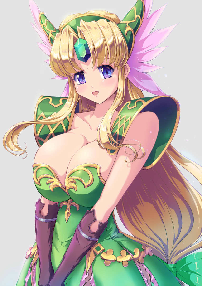 1girl :d armor blonde_hair blue_eyes blush bow breasts cleavage collarbone dress forehead_jewel gloves green_dress grey_background hair_bow helmet highres large_breasts long_hair looking_at_viewer low-tied_long_hair open_mouth pauldrons purple_eyes raochuu riesz seiken_densetsu seiken_densetsu_3 shoulder_armor simple_background smile solo v_arms very_long_hair winged_helmet