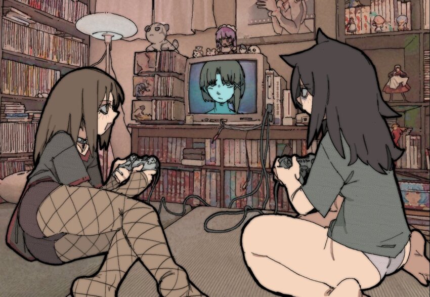 3girls alternate_costume ayanami_rei azumanga_daiou black_hair black_shirt black_shorts bocchi_the_rock! book bookshelf brown_eyes brown_hair collar controller crt curtains eyeshadow figure fishnet_pantyhose fishnet_sleeves fishnets frown full_body fumo_(doll) game_console game_controller goth_fashion gotoh_hitori green_shirt hair_ornament hairclip holding holding_controller holding_game_controller indoors iwakura_lain kasuga_ayumu kuroki_tomoko lamp light_frown long_hair looking_at_another makeup mayaa_(azumanga_daioh) multiple_girls neon_genesis_evangelion no_shoes on_bed open_mouth panties pantsu-ripper pantyhose playstation_2 playstation_controller poster_(object) serial_experiments_lain shirt short_hair shorts smile sony souryuu_asuka_langley spiked spiked_collar spikes stuffed_animal stuffed_toy television thighs underwear upper_body watashi_ga_motenai_no_wa_dou_kangaetemo_omaera_ga_warui! white_panties