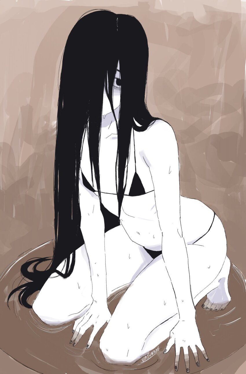 1girl bikini black_bikini black_nails colored_skin commentary english_commentary flat_chest full_body hair_over_one_eye highres kneeling long_hair micro_bikini nail_polish navel ripples signature solo swimsuit the_ring toenail_polish toenails very_long_hair virtuware wading white_skin yamamura_sadako