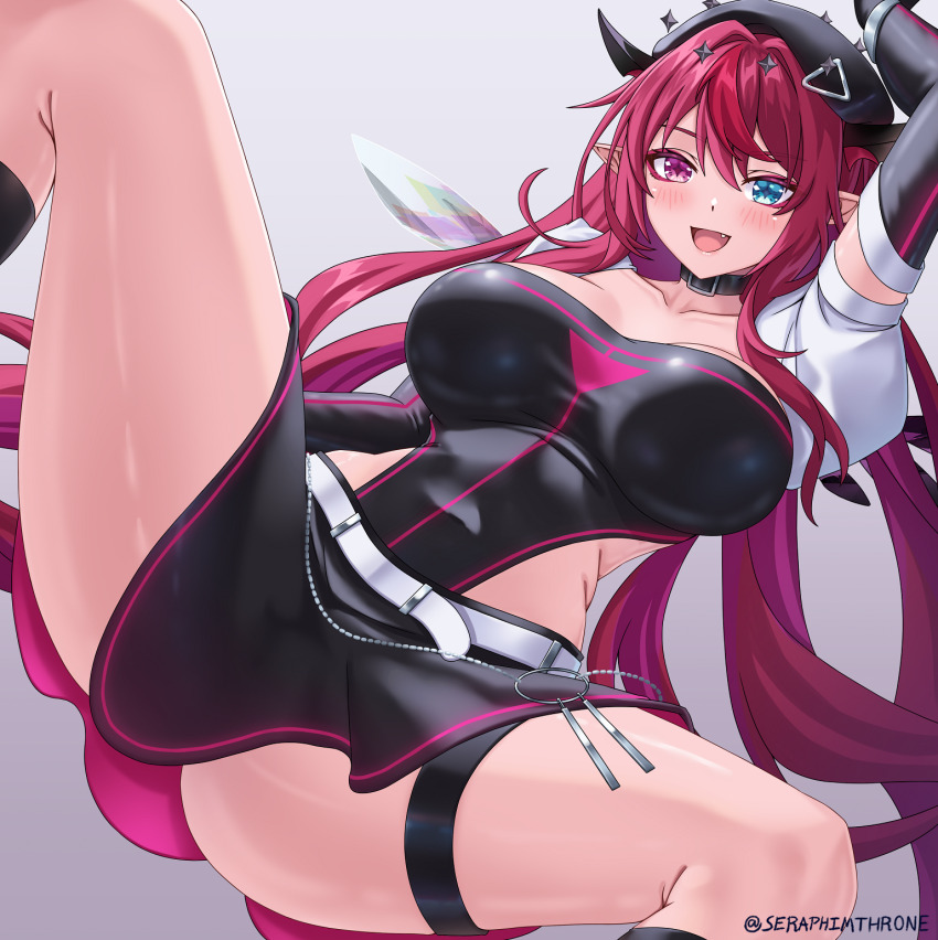1girl :d alternate_costume asymmetrical_wings belt black_gloves black_hat black_leotard black_skirt black_wings blue_eyes blush breasts cleavage collarbone commentary detached_sleeves elbow_gloves english_commentary fang gloves grey_background hat heterochromia highres hololive hololive_english irys_(hololive) large_breasts leotard leotard_under_clothes long_hair miniskirt multicolored_hair open_mouth paid_reward_available pointy_ears puffy_short_sleeves puffy_sleeves purple_eyes purple_hair red_hair seraphim_throne short_sleeves simple_background skirt smile solo spread_legs streaked_hair thigh_strap two-tone_hair virtual_youtuber white_belt white_wings wings