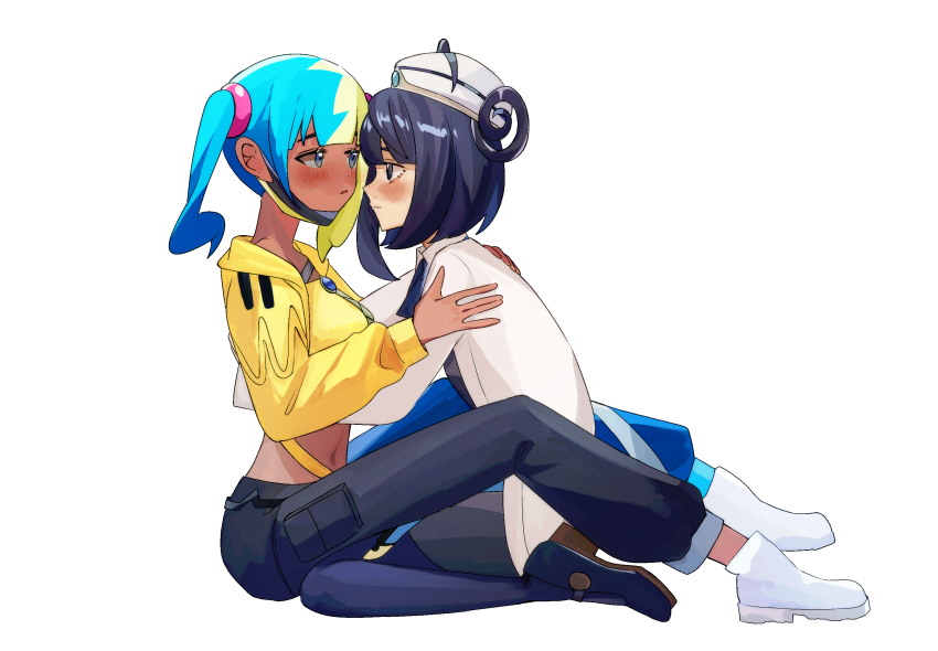 2girls aqua_hair between_legs black_hair black_pants black_shoes blonde_hair blue_pants blush bob_cut canari_(pokemon) coat crop_top cropped_jacket dark-skinned_female dark_skin full_body gwynn_(pokemon) hat highres jacket long_sleeves looking_at_another mask_pull multicolored_hair multiple_girls navel nintendo pants pantyhose pofopyoso pokemon pokemon_legends:_z-a shoes short_hair sitting split-color_hair twintails two-tone_hair two-tone_pants white_background white_coat white_hat white_shoes yellow_jacket yuri