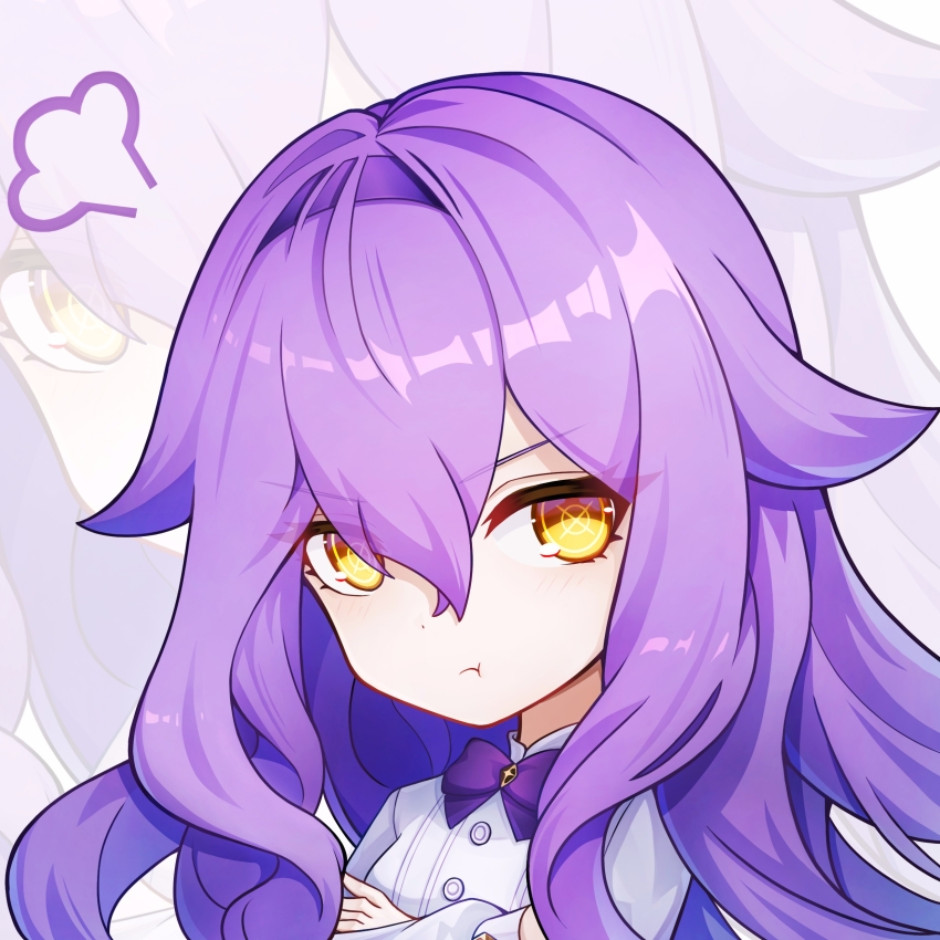1girl absurdres ang55523671 bow bowtie chinese_commentary commentary crossed_arms highres honkai_(series) honkai_impact_3rd long_hair looking_to_the_side portrait puff_of_air puffy_cheeks purple_bow purple_bowtie purple_hair shirt sirin sirin_(magic_academy_uniform) sirin_(miracle_magical_girl) solo symbol-shaped_pupils white_shirt x-shaped_pupils yellow_eyes zoom_layer