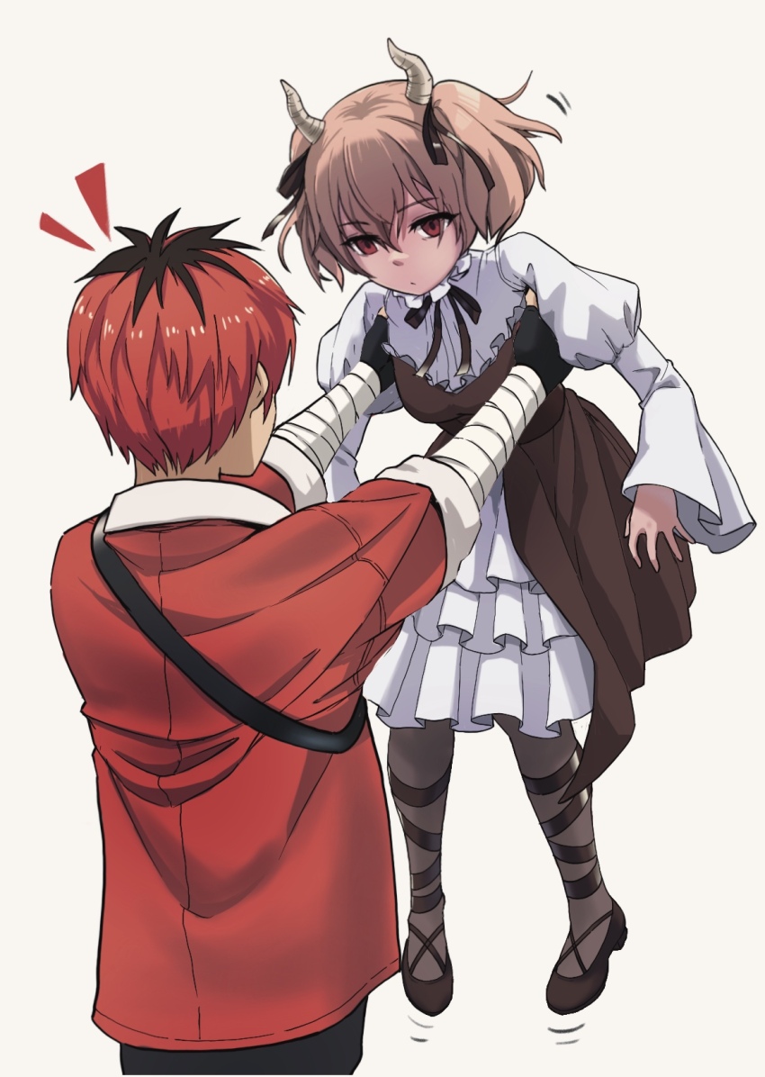 1boy 1girl black_hair breasts brown_background brown_corset brown_dress brown_hair brown_ribbon brown_shoes closed_mouth commentary_request corset demon_girl demon_horns dress hair_ribbon highres horns lifting_person linie_(sousou_no_frieren) long_sleeves looking_at_another michael49755 multicolored_hair red_eyes red_hair ribbon shirt shoes short_hair simple_background sousou_no_frieren stark_(sousou_no_frieren) twintails unamused white_shirt