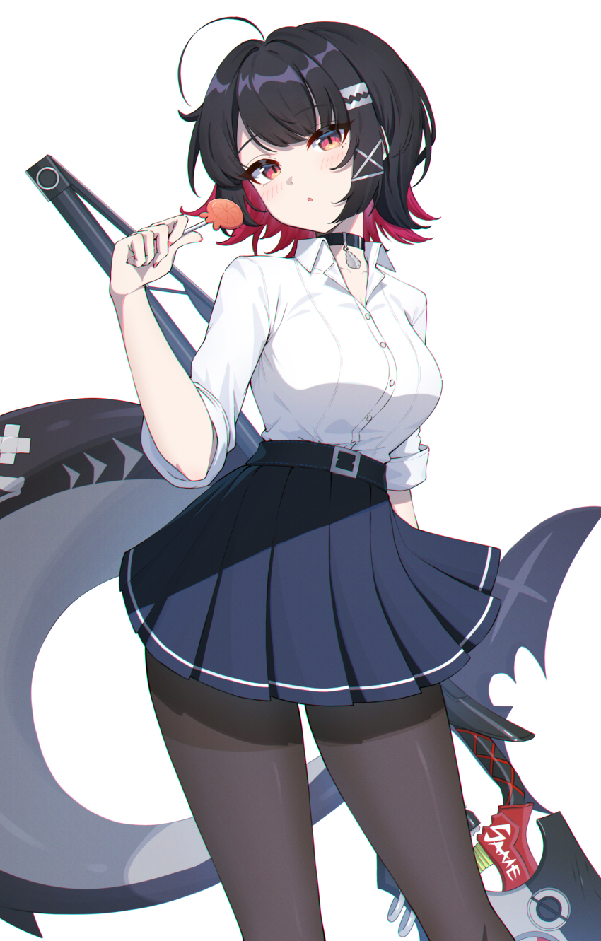 1girl akazaki_yukino black_choker black_hair black_pantyhose blue_skirt candy choker collared_shirt colored_inner_hair cowboy_shot ellen_joe ellen_joe_(on_campus) fins fish_tail food highres holding holding_candy holding_food holding_lollipop holding_scythe lollipop looking_at_viewer mole mole_under_eye multicolored_hair official_alternate_costume pantyhose parted_lips pleated_skirt razor_blade_hair_ornament red_hair scar scar_on_tail school_uniform scythe shark_girl shark_tail shirt short_hair skirt tail white_background white_shirt zenless_zone_zero
