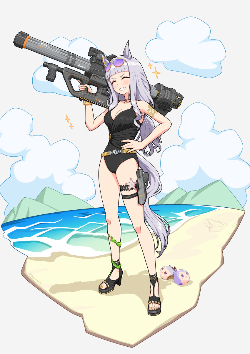 1girl ^_^ absurdres animal_ears bare_arms bare_shoulders beach black_one-piece_swimsuit black_sandals breasts brown-framed_eyewear brown_nails casual_one-piece_swimsuit cleavage closed_eyes cloud eyewear_on_head facing_viewer gold_ship_(run_revolt_launcher)_(umamusume) gold_ship_(umamusume) grey_background grey_hair grin halo_(series) hand_on_own_hip high_heel_sandals high_heels highres holding horse_ears horse_girl horse_tail long_hair m41_spnkr m6d medium_breasts mejiro_mcqueen_(umamusume) mouhantain nail_polish one-piece_swimsuit platform_sandals purple-tinted_eyewear sand sandals simple_background smile solo sparkle swimsuit tail tinted_eyewear toenail_polish toenails toes umamusume very_long_hair water