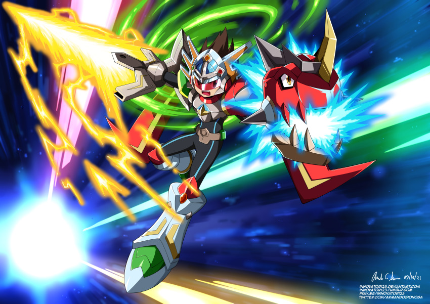 1boy absurdres arm_cannon armor brown_hair commentary dated deviantart_username energy_sword english_commentary full_body geo_stelar_(mega_man) glowing helmet highres innovator123 knee_up looking_at_viewer male_focus mega_man_(series) mega_man_star_force_(series) mega_man_star_force_2 omega-xis_(mega_man) open_mouth pixiv_id sharp_teeth signature solo sword teeth tumblr_username twitter_username upper_teeth_only weapon