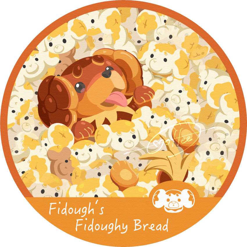 border cccacademia character_name commentary dachsbun fidough highres lying nintendo no_humans on_back open_mouth pokemon pokemon_(creature) pokemon_focus signature solo tongue tongue_out transparent_border