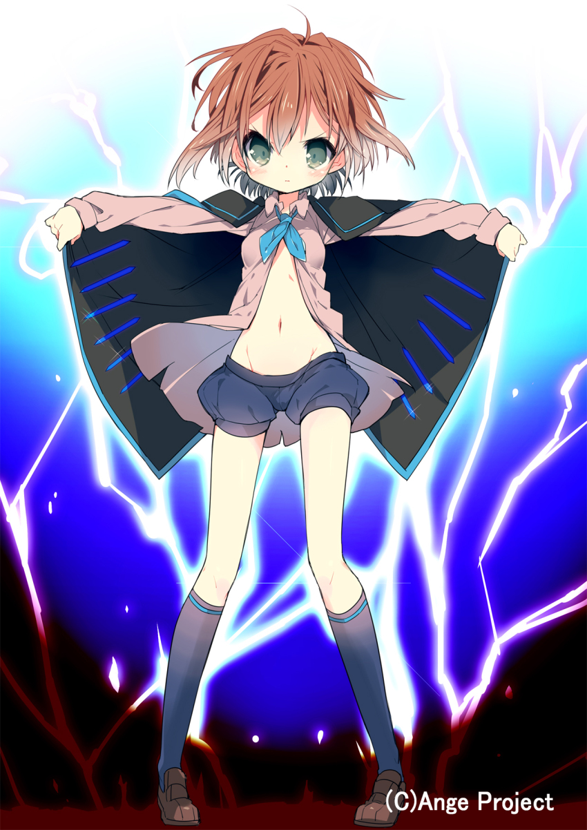 1girl ahoge androgynous ange_vierge black_cape black_socks blue_shorts blush breasts brown_hair brown_shorts cape closed_mouth electricity furrowed_brow green_eyes groin highres kiyokawa_saki kneehighs knife loafers looking_at_viewer messy_hair nakamura_sandayo navel open_clothes open_shirt outstretched_arms puffy_shorts serious shoes short_shorts shorts small_breasts socks solo t-pose throwing_knife unbuttoned unbuttoned_shirt weapon