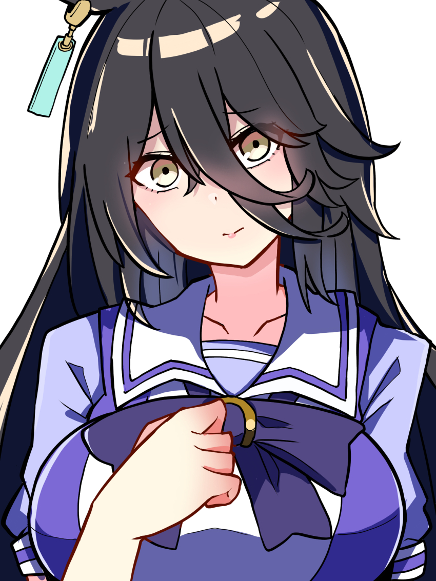 1girl alternate_breast_size animal_ears black_hair breasts closed_mouth collarbone ear_tag earrings hair_between_eyes hand_on_own_chest highres horse_ears horse_girl jewelry kawamochi_(tddm3573) large_breasts long_bangs long_hair long_hair_between_eyes looking_at_viewer manhattan_cafe_(umamusume) puffy_short_sleeves puffy_sleeves purple_shirt sailor_collar school_uniform shirt short_sleeves simple_background single_earring solo tracen_school_uniform umamusume very_long_hair white_background white_sailor_collar yellow_eyes