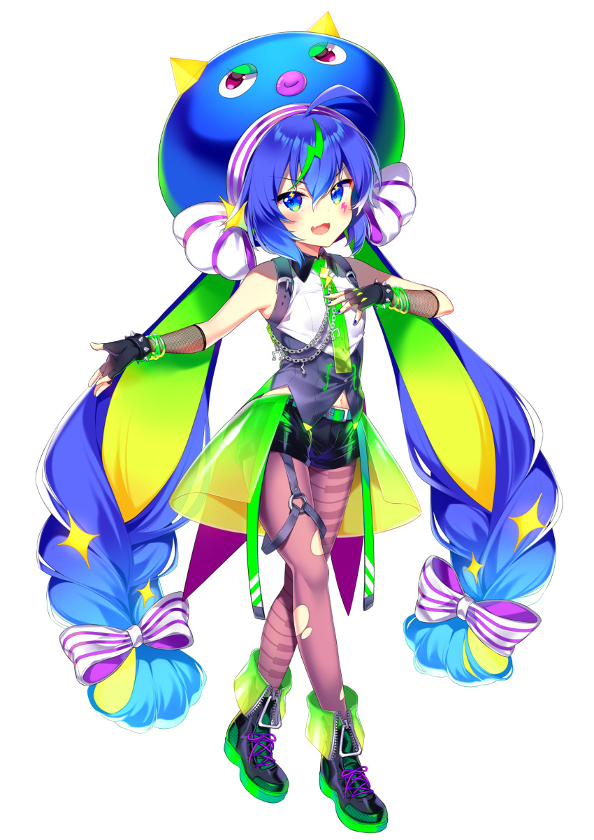 &gt;:) ahoge ankle_boots bare_shoulders belt blue_eyes blue_hair boots bow bracelet buttons chain child eyeshadow facepaint fishnet_sleeves fishnets gradient_hair green_eyeshadow green_highlights green_necktie hair_between_eyes hair_bow hair_ornament hand_on_own_chest hat hat_ribbon highres horns instrument jewelry kurisu_toshi lightning_bolt_symbol long_hair looking_at_viewer low-tied_long_hair makeup multicolored_hair multiple_bracelets multiple_hair_bows musical_note nail_polish navel necktie non-web_source official_art otomachi_una otomachi_una_(spicy) otomachi_una_(vocaloid6_spicy) outstretched_arm pantyhose piano purple_eyes purple_stripes ribbon see-through_clothes see-through_skirt shirt short_shorts shorts shoulder_strap sidelocks skirt sleeveless sleeveless_shirt solo star_(symbol) strap torn_clothes torn_pantyhose transparent two-tone_shirt v-shaped_eyebrows vocaloid zipper