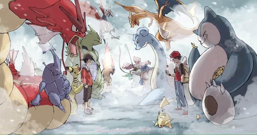 2boys amanonon ampharos backpack backwards_hat bag baseball_cap berry_(pokemon) bird black_hair black_pants black_shorts black_sleeves blastoise blue_pants brown_hair bug capri_pants charizard claws closed_eyes dragon eating ethan_(pokemon) fangs fangs_out fins fire flying food food_on_face fruit gem gen_1_pokemon gen_2_pokemon gyarados hand_in_pocket hand_up hat head_fins heracross highres holding holding_food holding_fruit hood hood_down hooded_jacket horns jacket lapras long_sleeves male_focus multiple_boys nintendo open_mouth opposing_sides orb pants poke_ball poke_ball_(basic) pokemon pokemon_(creature) pokemon_hgss red_(pokemon) red_gemstone red_hat red_jacket sea_serpent short_hair short_sleeves shorts shoulder_cannon single_horn sitrus_berry sitting_on_pokemon skarmory smile snorlax tendril tossing turtle_shell typhlosion tyranitar venusaur whiskers white_hood yellow_bag