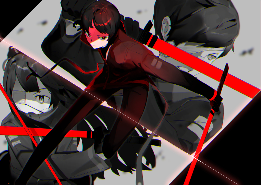 1boy 2girls absurdres black_eyes black_footwear black_gloves black_hair black_jacket black_pants closed_mouth eyepatch gloves hamelon310 highres holding holding_sword holding_weapon jacket katana library_of_ruina long_hair looking_at_viewer medical_eyepatch multiple_girls pants project_moon red_pupils shi_association_south_uniform shoes short_hair sword tenma_(project_moon) valentin_(project_moon) very_long_hair weapon yujin_(project_moon)