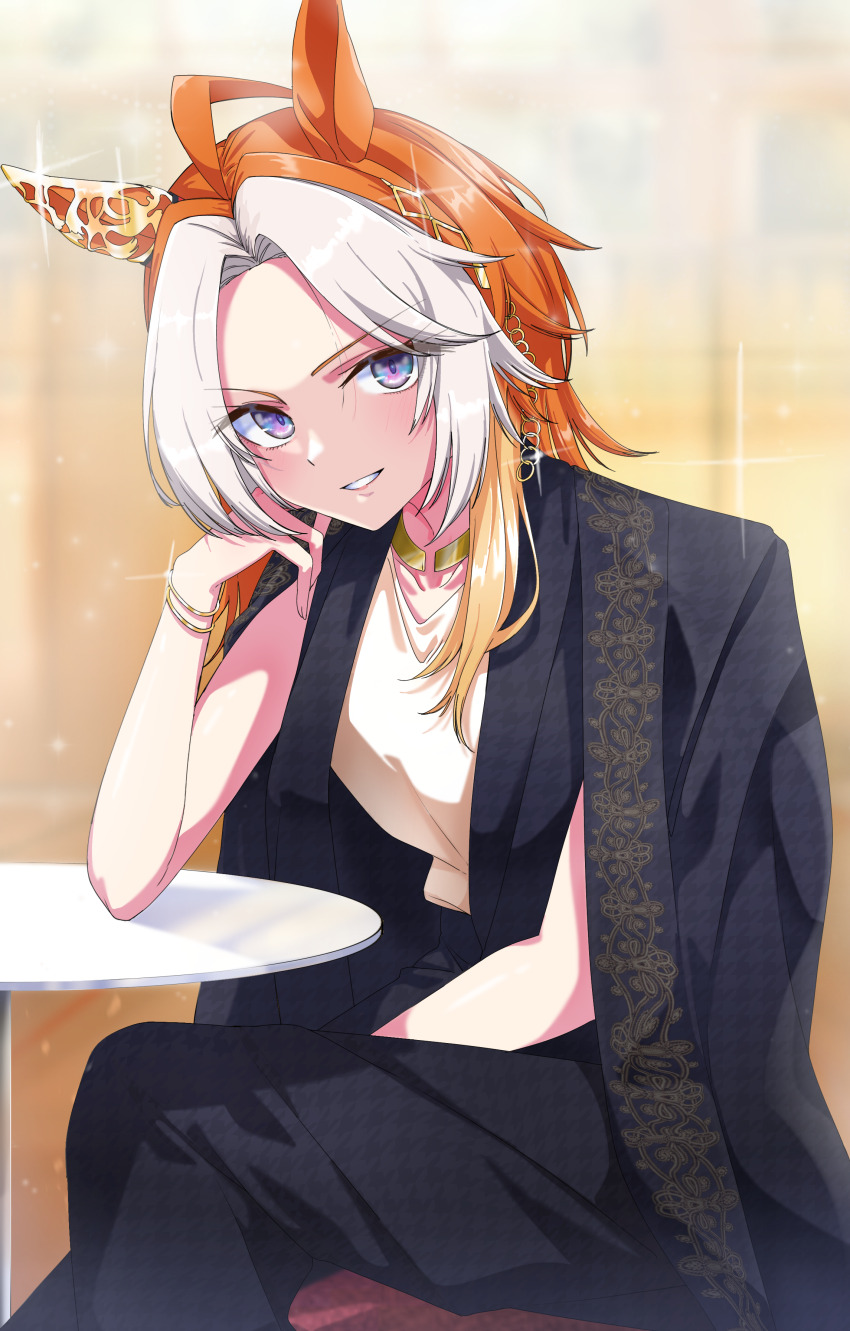 1girl absurdres ahoge alternate_costume animal_ears arm_support black_jacket bracelet breasts commentary_request crossed_legs ear_covers ear_ornament hair_ornament highres horse_ears horse_girl jacket jacket_on_shoulders jewelry long_hair long_sleeves looking_at_viewer necklace nerukichikatafukuma orange_hair orfevre_(old_design)_(umamusume) purple_eyes single_ear_cover sitting small_breasts smile solo sparkle table thighhighs umamusume white_hair