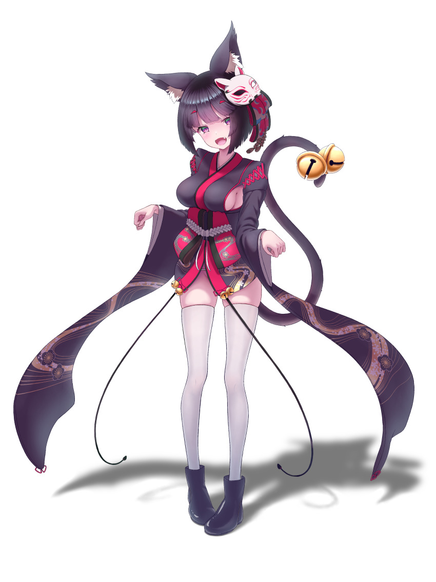 1girl :d absurdres animal_ears azur_lane bell black_hair black_kimono blush boots breasts brown_hair cat_ears cat_girl cat_mask cat_tail clenched_hands coariouse fang floral_print full_body groin hair_between_eyes hands_up happy highres japanese_clothes kimono long_sleeves looking_at_viewer mask mask_on_head medium_breasts medium_hair open_mouth print_kimono purple_eyes sideboob sideboob_cutout skindentation slit_pupils smile solo standing tail tail_bell tail_ornament thighhighs wide_sleeves yamashiro_(azur_lane)