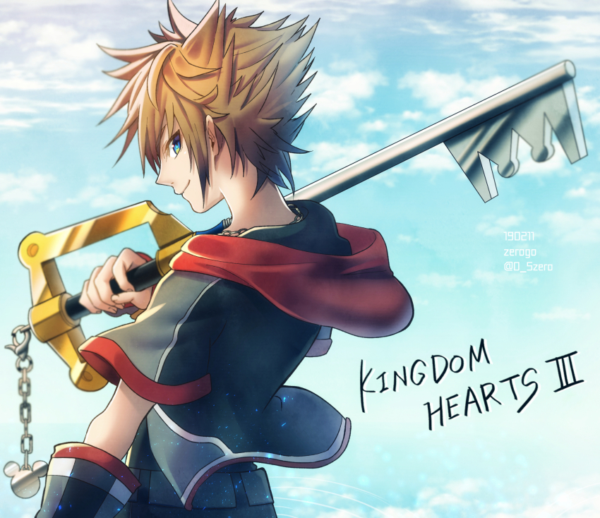 black_jacket blue_eyes brown_hair highres hood hoodie jacket keyblade kingdom_hearts kingdom_hearts_iii looking_back sora_(kingdom_hearts) tagme zero-go