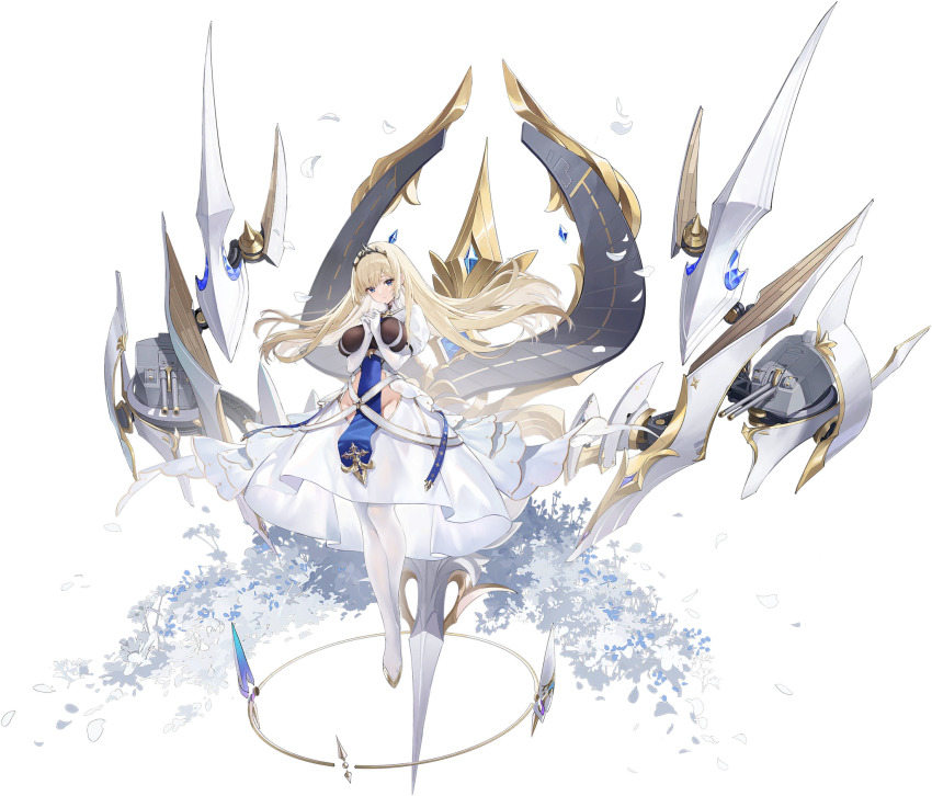 1girl artist_request azur_lane blonde_hair blue_eyes blue_gemstone breasts crown dress elbow_gloves fleur-de-lis flight_deck floating_hair full_body gem gloves highres iris_libre_(emblem) large_breasts long_hair no_panties official_art own_hands_clasped own_hands_together painleve_(azur_lane) puffy_short_sleeves puffy_sleeves revealing_clothes short_sleeves solo very_long_hair white_dress white_gloves white_theme
