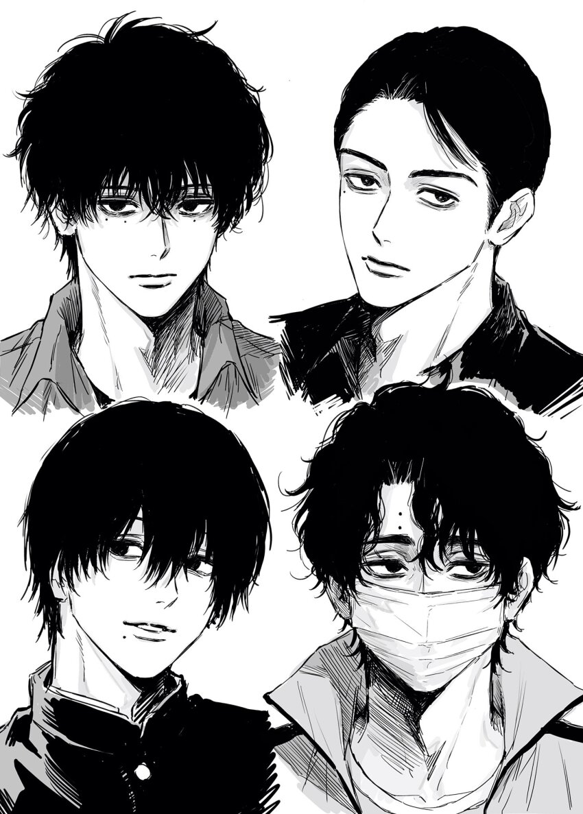 4boys buttons chainsaw_man closed_mouth collared_shirt cropped_shoulders gakuran greyscale haikyuu!! hair_between_eyes highres jacket kobayashi_keiji_(onna_no_sono_no_hoshi) looking_at_viewer looking_to_the_side male_focus mask mole mole_on_forehead mole_under_eye mole_under_mouth monochrome mouth_mask multiple_boys multiple_moles onna_no_sono_no_hoshi parted_bangs parted_lips sakamoto_days sakusa_kiyoomi school_uniform seba_natsuki shirt short_hair simple_background sso_s teeth unzipped white_background yoshida_hirofumi