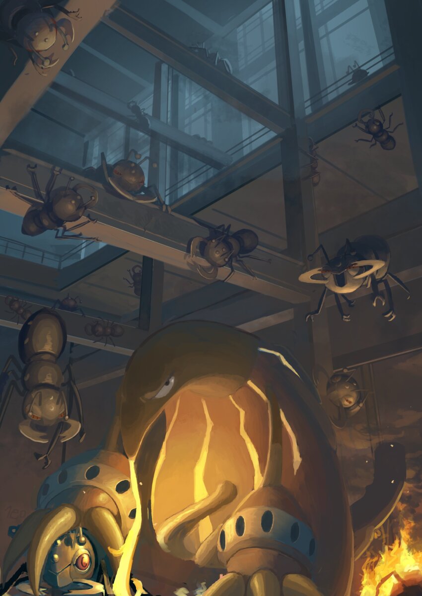 absurdres ant black_eyes bug ceiling claws commentary_request durant fire gen_5_pokemon heatmor highres indoors insect king_joe_(neoroto) nintendo no_humans pokemon pokemon_(creature) sideways_glance window