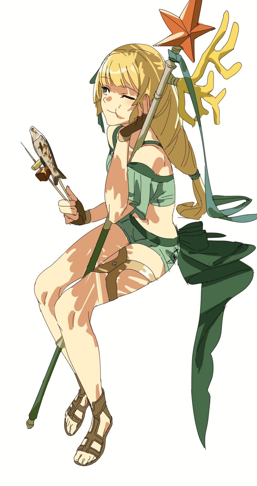 1girl bikini blonde_hair brown_gloves brown_sandals eating fingerless_gloves fire_emblem fire_emblem:_three_houses fire_emblem_heroes fish fish_(food) food fried_fish gloves green_bikini green_ribbon green_shorts highres holding holding_food holding_weapon ingrid_brandl_galatea ingrid_brandl_galatea_(summer) invisible_chair long_hair looking_to_the_side nakmini nintendo off-shoulder_bikini off_shoulder one_eye_closed ribbon sandals short_shorts shorts sitting solo starpoint_lance_(fire_emblem) swimsuit weapon