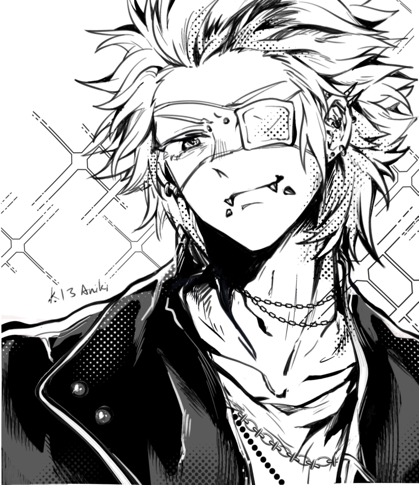 1boy chousokabe_motochika_(sengoku_basara) contemporary eyepatch face_piercing greyscale highres jacket leather leather_jacket looking_at_viewer male_focus medical_eyepatch monochrome mouth_piercing piercing portrait sengoku_basara short_hair simple_background smirk solo spiked_hair v-shaped_eyebrows white_background yuanhuahuo11