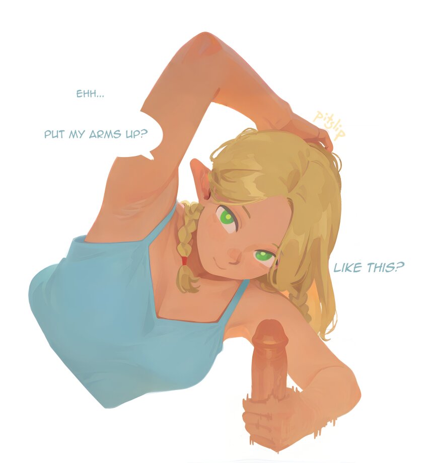 1boy 1girl absurdres ai-assisted arm_up armpit_crease armpits artist_name blonde_hair blue_camisole braid camisole closed_mouth dungeon_meshi elf english_text erection green_eyes hand_on_own_head handjob hetero highres looking_at_viewer marcille_donato motion_lines multiple_braids penis pitslip pointy_ears pov pov_crotch presenting_armpit smile speech_bubble talking uncensored