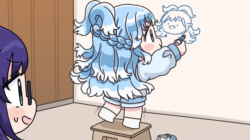 2girls a-chan_(hololive) black-framed_eyewear blue_eyes blue_hair blue_shoes blue_shorts blush_stickers braid chibi commentary_request crayon glasses holding hololive hololive_indonesia kobo_kanaeru long_sleeves mochimiko multicolored_hair multiple_girls puffy_long_sleeves puffy_sleeves purple_hair shirt shoes shorts small_sweatdrop smile socks standing standing_on_one_leg sweat trembling two-tone_hair unworn_shoes virtual_youtuber white_hair white_shirt white_socks