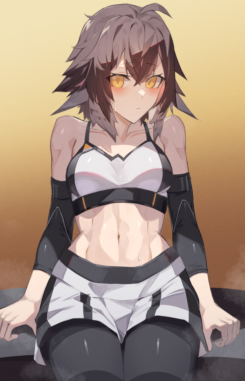 1girl abs absurdres ahoge arknights arm_warmers bench bird_girl black_arm_warmers black_bra black_leggings black_shorts black_sports_bra blush bra breasts brown_hair cleavage closed_mouth collarbone commission commissioner_upload compression_sleeve feather_hair hair_between_eyes highres leggings leggings_under_shorts looking_at_viewer medium_breasts medium_hair midriff multicolored_hair multicolored_sports_bra navel on_bench plume_(arknights) plume_(easy_time)_(arknights) sasa_onigiri shorts sidelocks simple_background sitting skeb_commission solo sports_bra sportswear sweat sweatdrop toned two-tone_hair two-tone_shorts two-tone_sports_bra underwear white_bra white_hair white_shorts white_sports_bra workout_clothes yellow_eyes