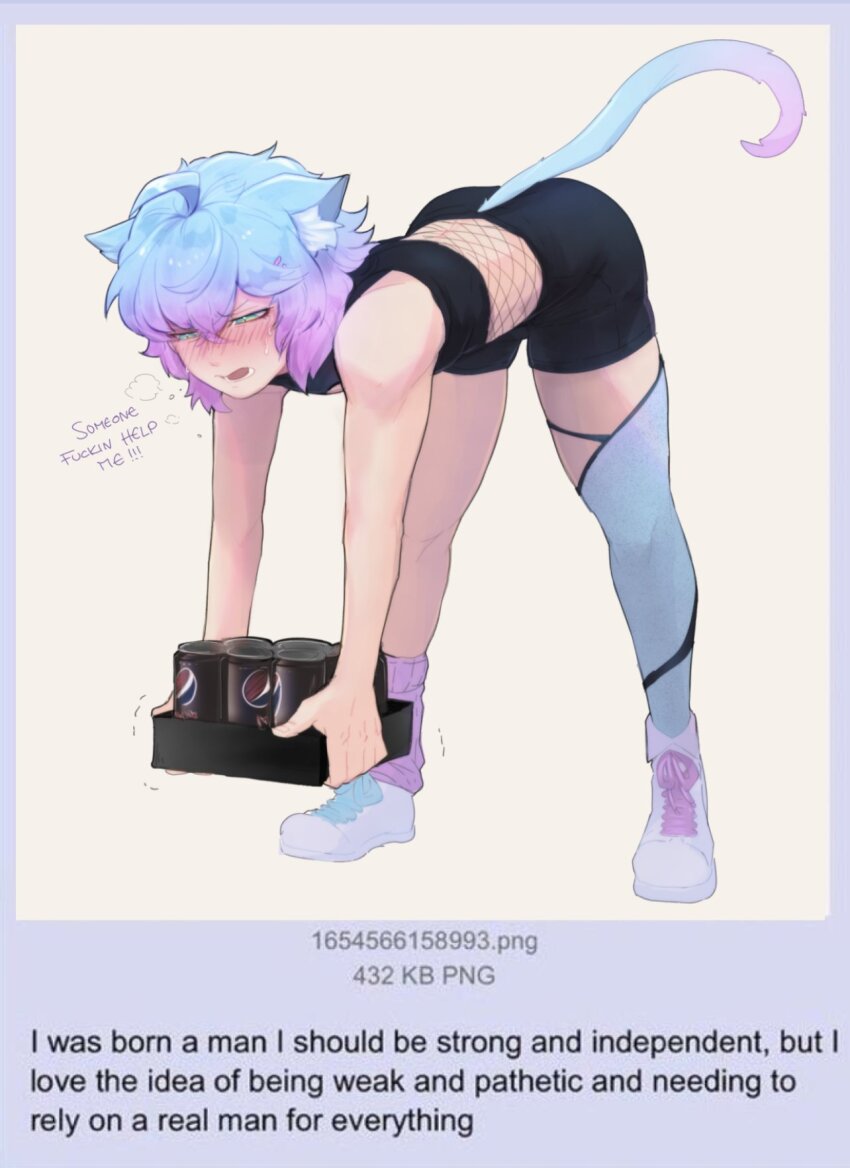 1boy 4chan ahoge animal_ears ass asymmetrical_legwear bent_over blue_hair blush can cat_boy cat_ears cat_tail drink_can english_text fishnet_top fishnets full_body gradient_hair green_eyes heavy_breathing highres indie_virtual_youtuber linechu male_focus mismatched_legwear multicolored_hair pepsi pink_hair short_shorts shorts simple_background single_thighhigh socks soda_can solo struggling sweater tail tail_raised tears thick_thighs thighhighs thighs trap two-tone_hair virtual_youtuber weak_male white_background