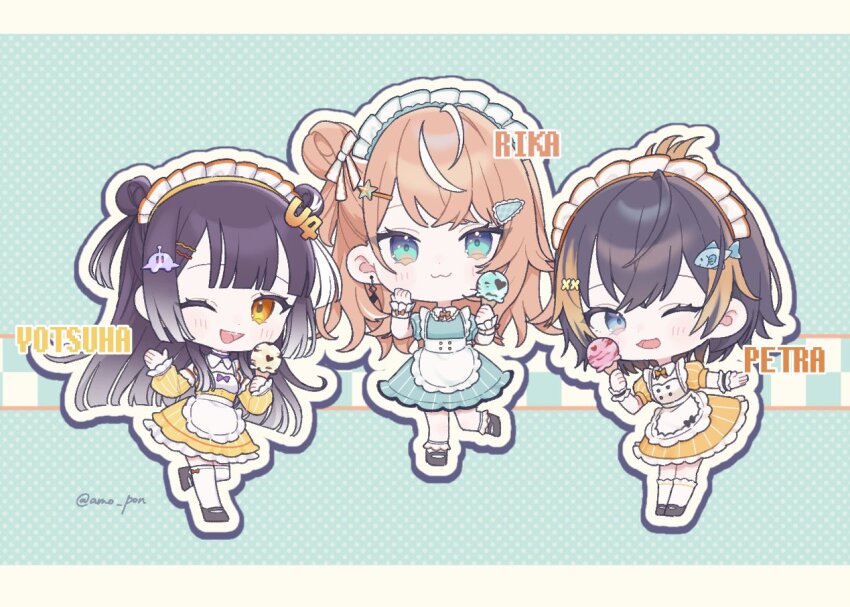 3girls :3 amo_pon black_hair blue_eyes chibi chibi_only food green_eyes hair_ornament hairclip ice_cream ice_cream_cone igarashi_rika maid maid_headdress multiple_girls nijisanji nijisanji_en one_eye_closed orange_eyes orange_hair petra_gurin umise_yotsuha