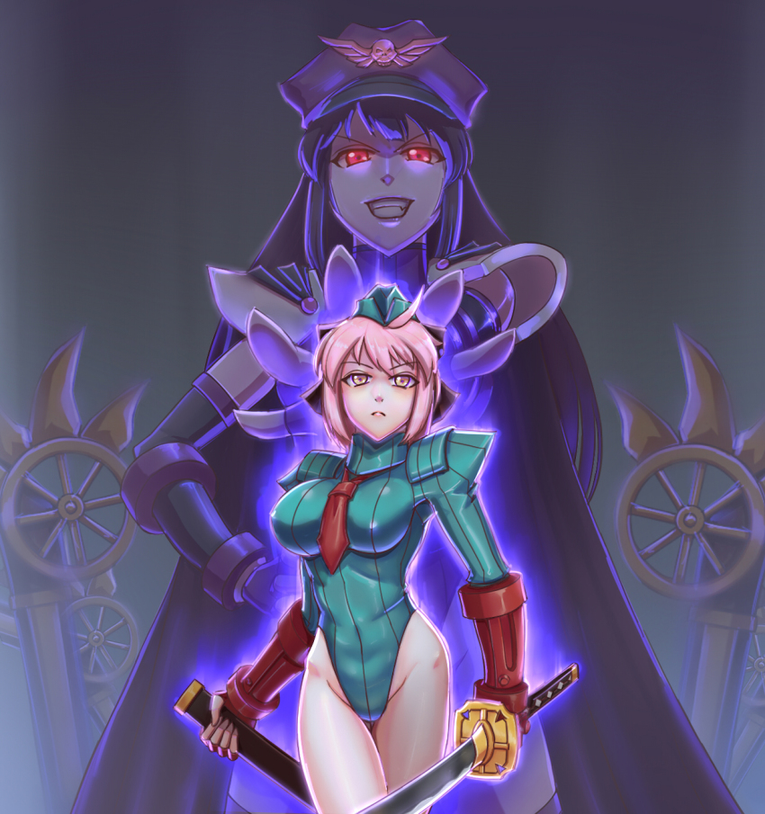 2girls aura black_hair black_ribbon cammy_white cammy_white_(cosplay) capcom cape cosplay cowboy_shot crossover dark_persona fate/grand_order fate_(series) fingerless_gloves garrison_cap gloves green_leotard grin hair_ribbon hand_on_own_hip hat highleg highleg_leotard highres katana leebigtree leotard lips long_hair m._bison m._bison_(cosplay) multiple_girls necktie oda_nobunaga_(fate) oda_nobunaga_(koha-ace) okita_souji_(fate) okita_souji_(koha-ace) peaked_cap pink_hair possessed possession red_eyes red_gloves red_necktie ribbon scabbard shadaloo_dolls sheath smile street_fighter sword type-moon unsheathed weapon