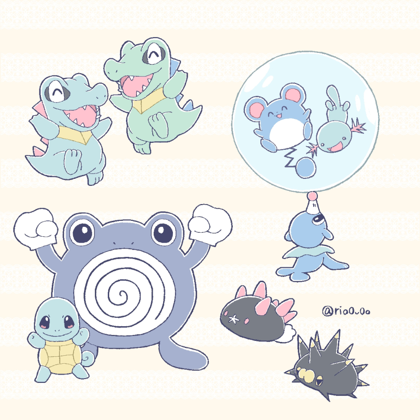 arms_up black_eyes full_body gen_1_pokemon gen_2_pokemon gen_7_pokemon gen_8_pokemon happy highres in_bubble marill nintendo no_humans nostrils open_mouth pincurchin pink_background pokemon pokemon_(creature) poliwhirl popplio pyukumuku rio_(rio0v0o) sharp_teeth squirtle teeth wooper