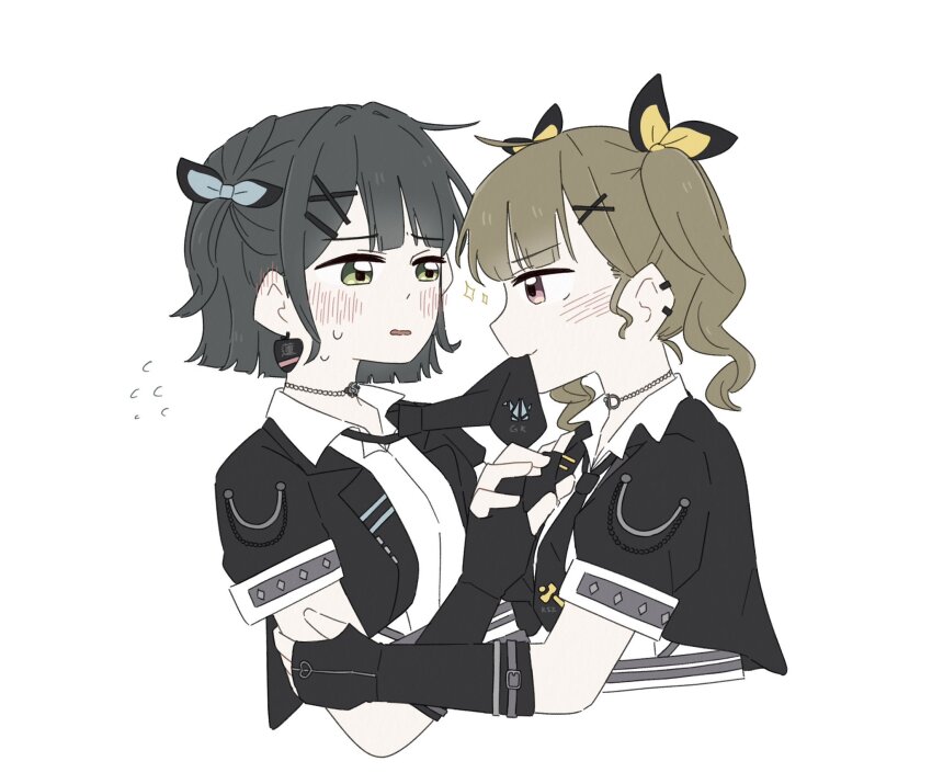 2girls black_gloves black_jacket black_necktie brown_hair closed_mouth collared_shirt commentary earrings elbow_gloves eye_contact fingerless_gloves flipped_hair gloves green_eyes hair_ornament highres i_do_me!_(love_live!) jacket jewelry kachimachi_kosuzu link!_like!_love_live! looking_at_another love_live! medium_hair momose_ginko mouth_hold multiple_girls necktie necktie_in_mouth official_alternate_costume official_alternate_hairstyle open_clothes open_jacket parted_lips pink_eyes profile shirt short-sleeved_jacket short_hair short_sleeves sparkle symbol-only_commentary twintails virtual_youtuber white_shirt x_hair_ornament yuri zueka27