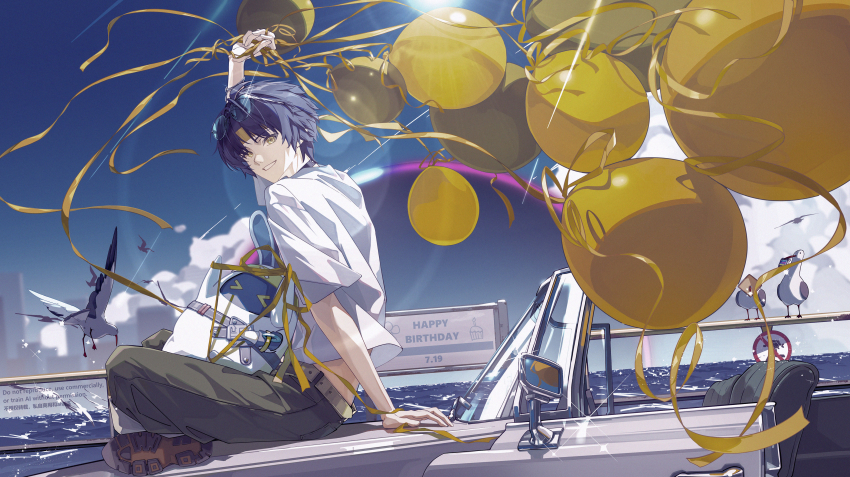 1boy absurdres arm_up asaba_harumasa asaboo_(zenless_zone_zero) balloon bangboo_(zenless_zone_zero) belt bingzhen_h2o bird black_choker black_hair blue_sky building car choker cloud cloudy_sky commentary_request eyewear_on_head from_side green_pants headband highres holding holding_balloon hollow_(zenless_zone_zero) looking_at_viewer male_focus motor_vehicle ocean on_car outdoors pants parted_bangs railing ribbon shirt short_hair sign sitting sky solo_focus sparkle sunglasses water white_bird white_shirt yellow_eyes yellow_headband yellow_ribbon zenless_zone_zero