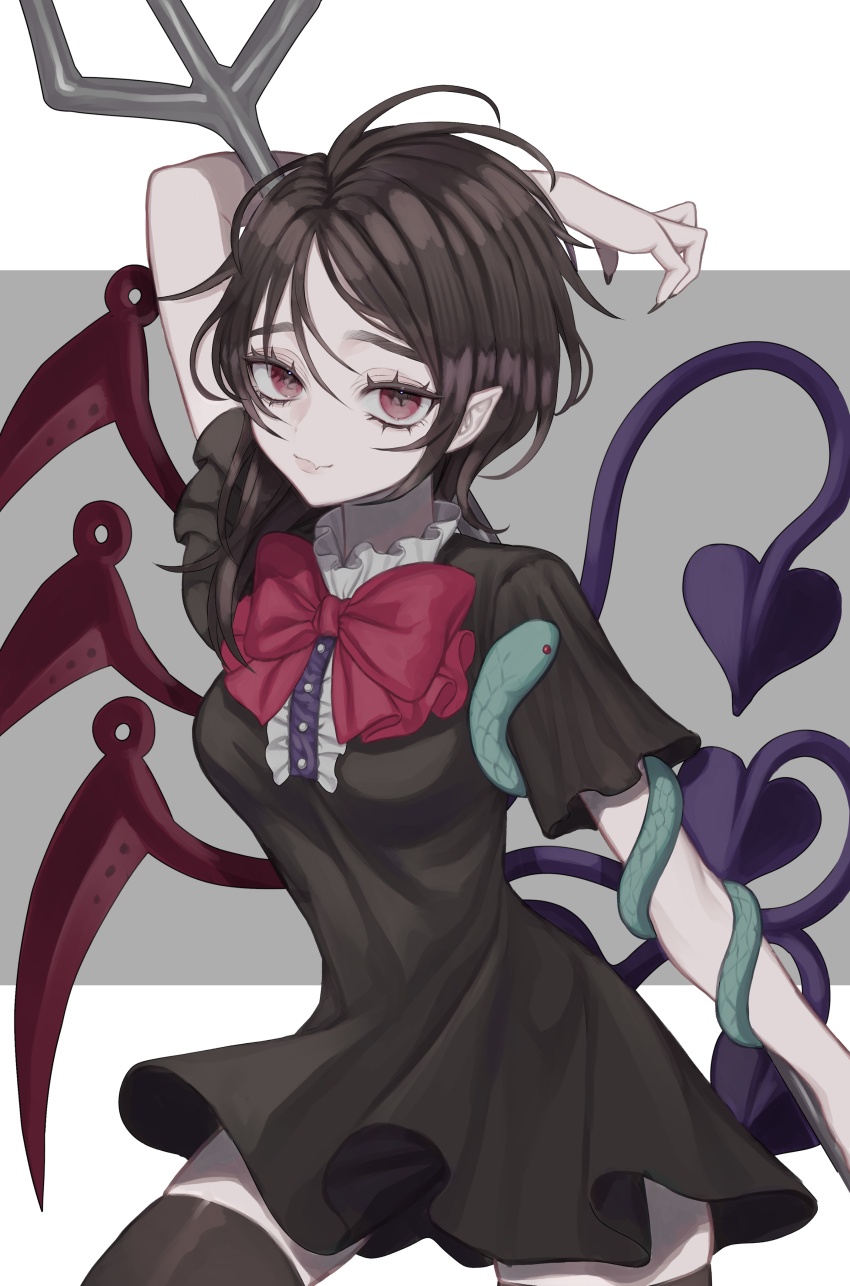 1girl absurdres asymmetrical_wings black_dress black_hair black_nails black_thighhighs blue_wings bow breasts buttons closed_mouth cowboy_shot dress fang fingernails highres houjuu_nue long_fingernails looking_at_viewer nail_polish nue_day pointy_ears red_bow red_eyes red_wings sharp_fingernails short_hair short_sleeves skin_fang small_breasts smile solo thighhighs touhou wings zabu_rou