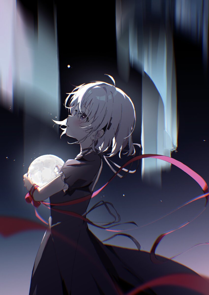 1girl ahoge arm_ribbon aurora black_background black_dress black_ribbon blurry blush bow commentary cowboy_shot cross_hair_ornament depth_of_field dress eyelashes from_side full_moon grey_hair hair_between_eyes hair_ornament highres holding holding_moon kagari_(rewrite) long_ribbon looking_up moon neck_ribbon nujii parted_lips profile puffy_short_sleeves puffy_sleeves purple_eyes red_bow red_ribbon rewrite ribbon short_hair short_sleeves solo tsurime wrist_bow