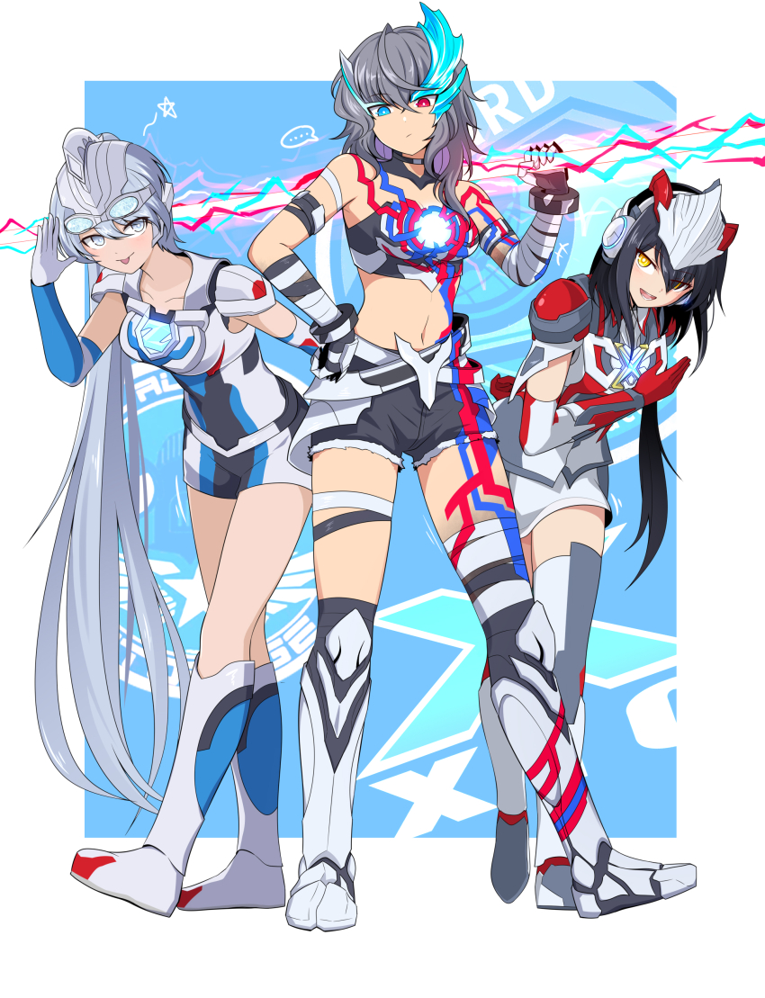 3girls absurdres black_hair genderswap genderswap_(mtf) ginga_no_kou grey_eyes grey_hair hand_on_own_hip headgear heterochromia highres holding holding_weapon humanization long_hair looking_at_viewer multiple_girls over_shoulder ponytail smile tokusatsu tongue tongue_out ultra_series ultraman_blazar ultraman_blazar_(series) ultraman_x ultraman_x_(series) ultraman_z ultraman_z_(original) ultraman_z_(series) weapon weapon_over_shoulder yellow_eyes