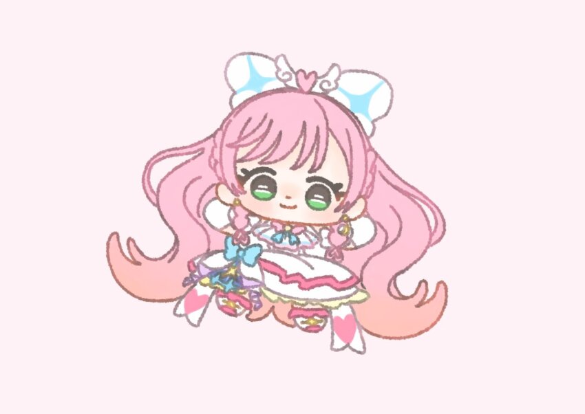 1girl absurdly_long_hair back_bow blue_bow blue_ribbon boots bow braid chibi commentary crown_braid cure_prism dress dress_bow earrings elbow_gloves eyelashes frilled_dress frilled_sleeves frills gloves gradient_hair green_eyes hair_bow hirogaru_sky!_precure ichigo_usuhana jewelry long_hair looking_at_viewer magical_girl medium_dress multicolored_hair nijigaoka_mashiro orange_hair outstretched_arms pink_background pink_hair precure ribbon short_sleeves simple_background solo tareme two-tone_hair very_long_hair white_boots white_bow white_dress white_gloves