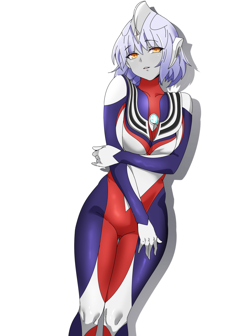 1girl absurdres armor bob_cut bodysuit breastplate breasts chinese_commentary collarbone color_timer colored_skin commentary contrapposto cowboy_shot crystal dorsal_fin drop_shadow forehead_jewel genderswap genderswap_(mtf) grey_skin hair_between_eyes hand_on_own_arm hand_on_own_thigh headgear highres humanization knees_together_feet_apart light_smile looking_at_viewer multicolored_bodysuit orange_eyes parted_lips purple_bodysuit purple_hair red_bodysuit short_hair silver_bodysuit simple_background skin_tight small_breasts solo standing tokusatsu ultra_series ultraman_tiga ultraman_tiga:_the_final_odyssey ultraman_tiga_(series) ultraman_tiga_(tiga_blast) white_background yi_(user_jwth4284)